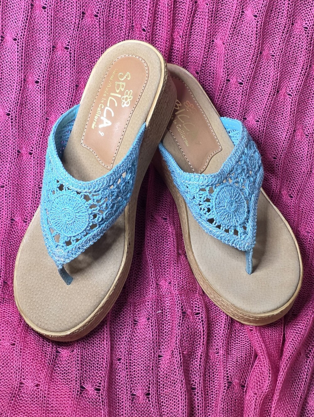 Sbicca California Turquoise Crochet Floral Wedge Sandals Size 9 NWOT